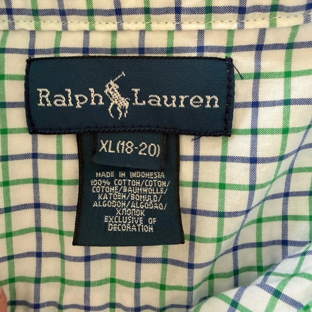 Ralph Lauren Button Down Shirt Boys XL (18-20) Green Blue Plaid Tattersall